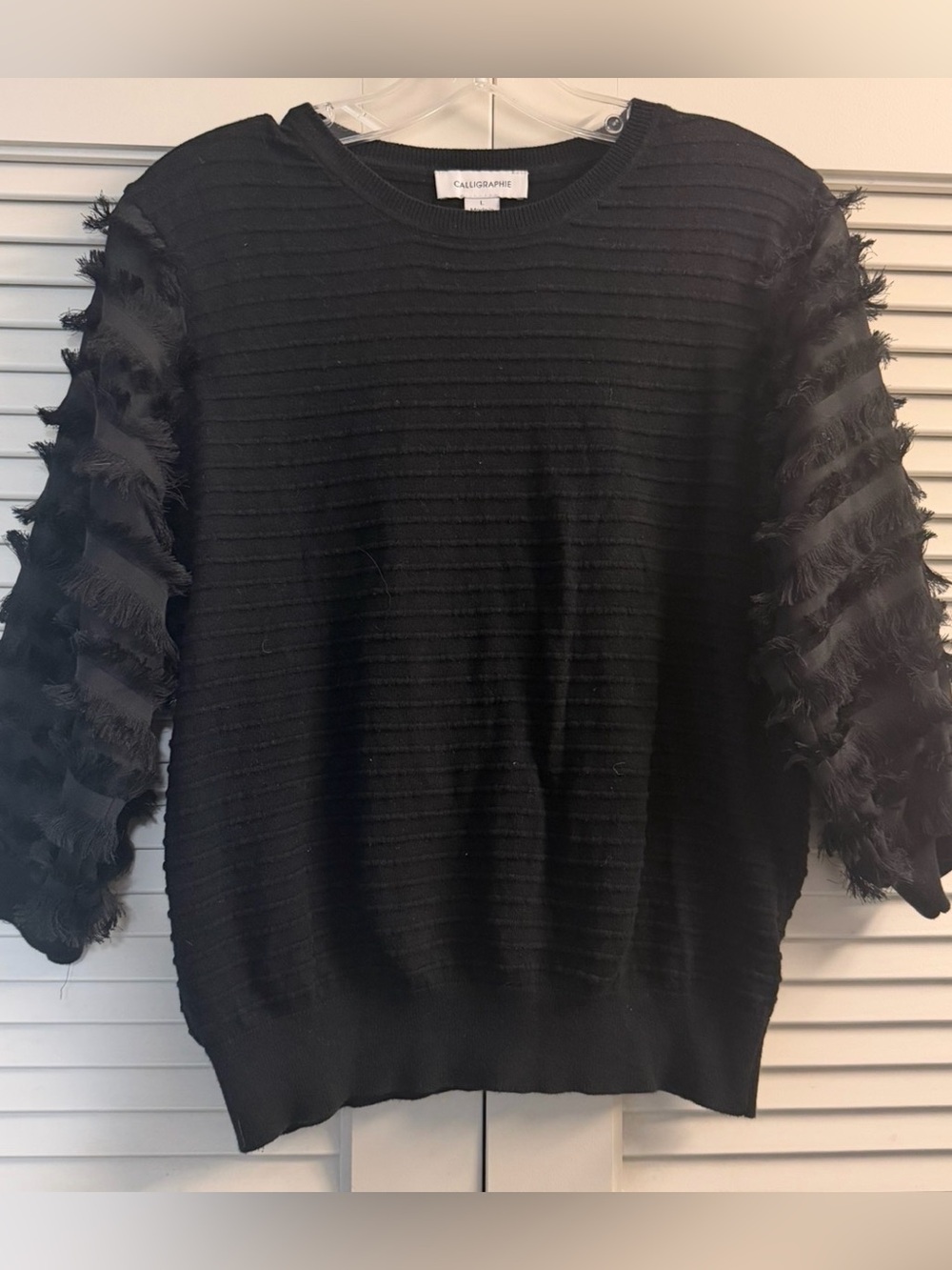 Calligraphie Black Sheer Mesh Fringed 3/4
Sleeve Top Blouse Womens Size L